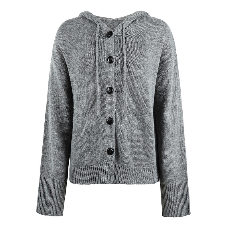Adiffu Women's Single-breasted Solid Color Hooded Drawstring Knit Cardigan Sweater