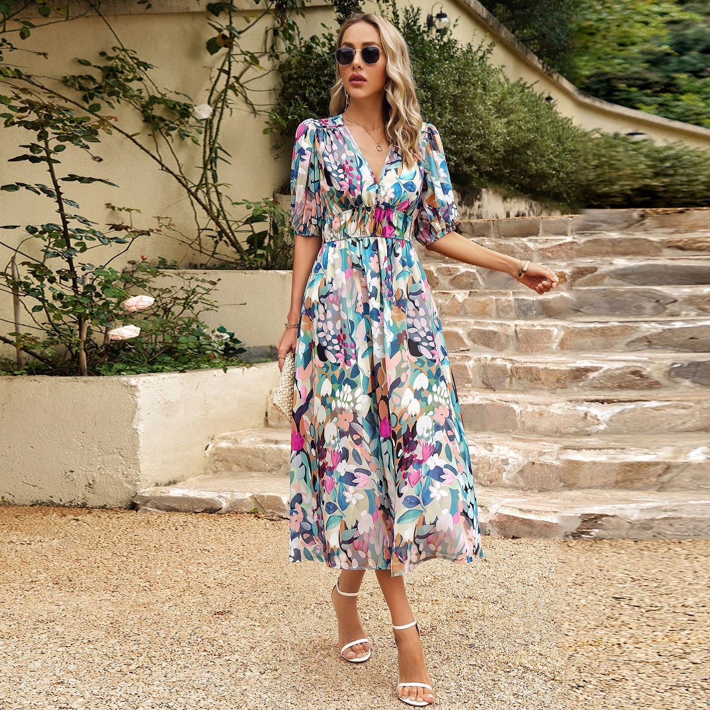 Adiffu Beautiful V-neck Printed Dress