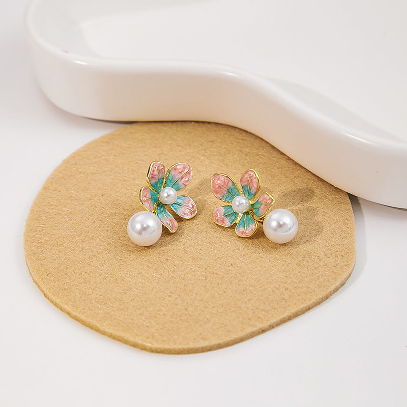 Adiffu Sweet Dripping Oil Flower Pearl Earrings