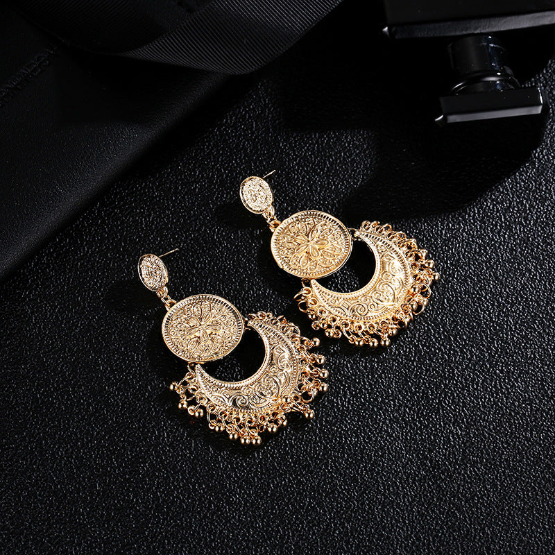 Adiffu Vintage Hollow Crescent Tassel Earrings