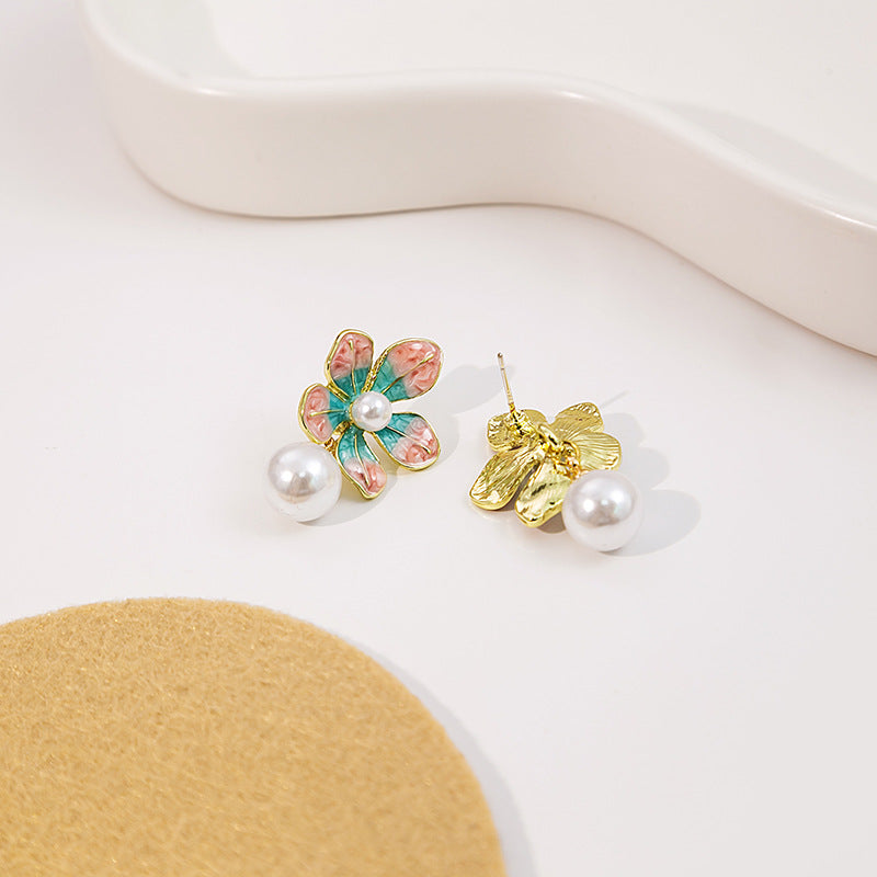 Adiffu Sweet Dripping Oil Flower Pearl Earrings