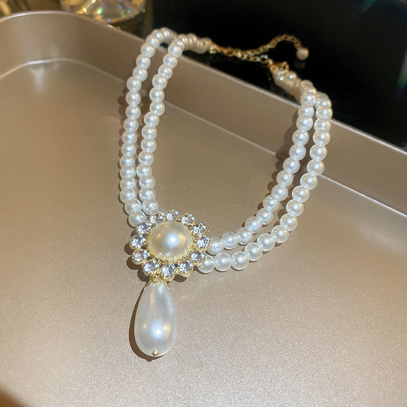 Adiffu Water Drop Artificial Pearl Double Layer Necklace With Diomand For Bride