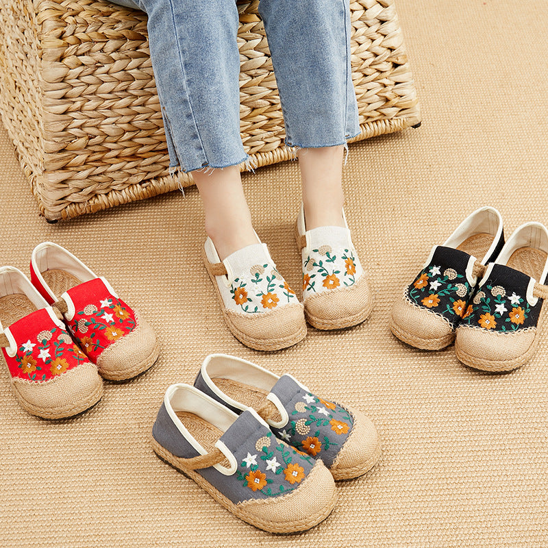 Adiffu Women's Flat Low Top Embroidered Flats Linen Casual Shoes Embroidered Shoes
