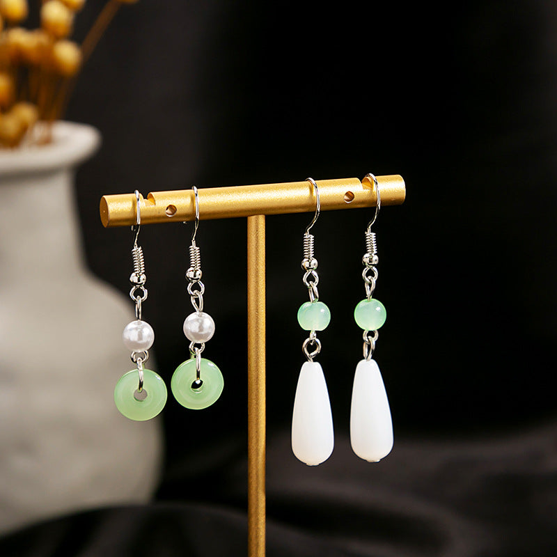 Adiffu Vintage Chinese Pearl Jade Earrings