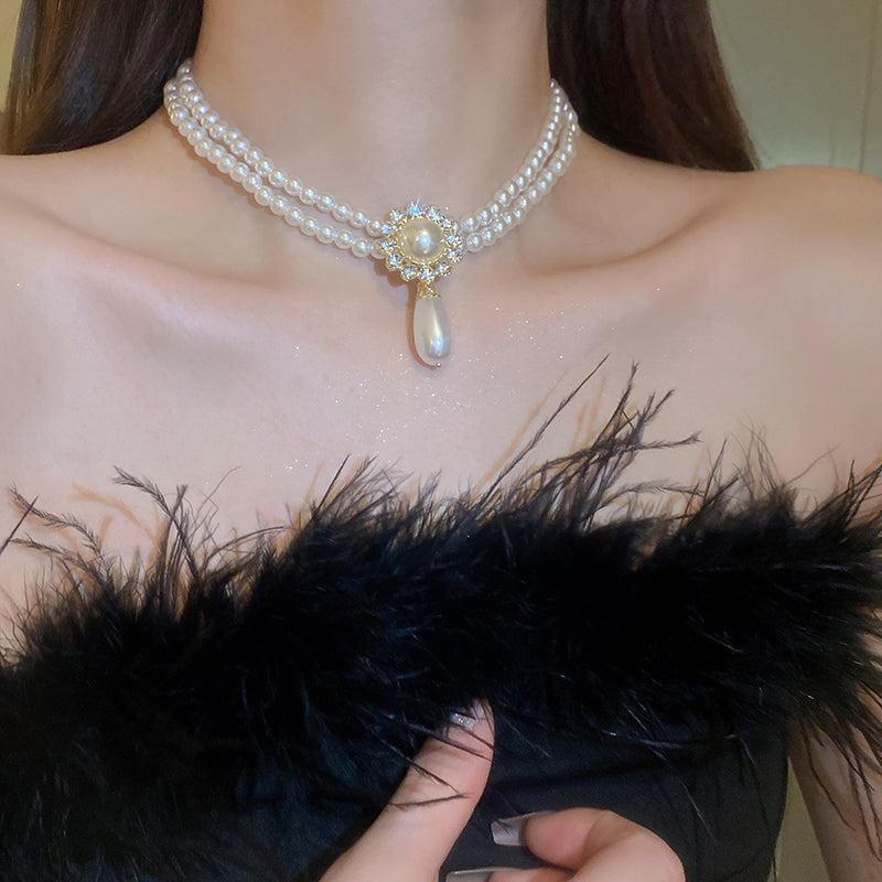 Adiffu Water Drop Artificial Pearl Double Layer Necklace With Diomand For Bride