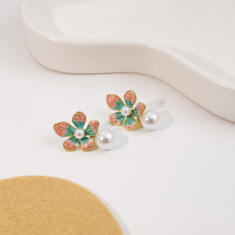 Adiffu Sweet Dripping Oil Flower Pearl Earrings