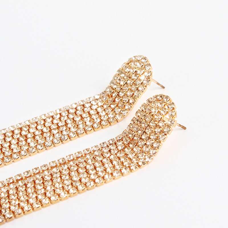 Crystal Geometric Tassel Drop Earrings – Full Pave Rhinestone Statement Jewelry