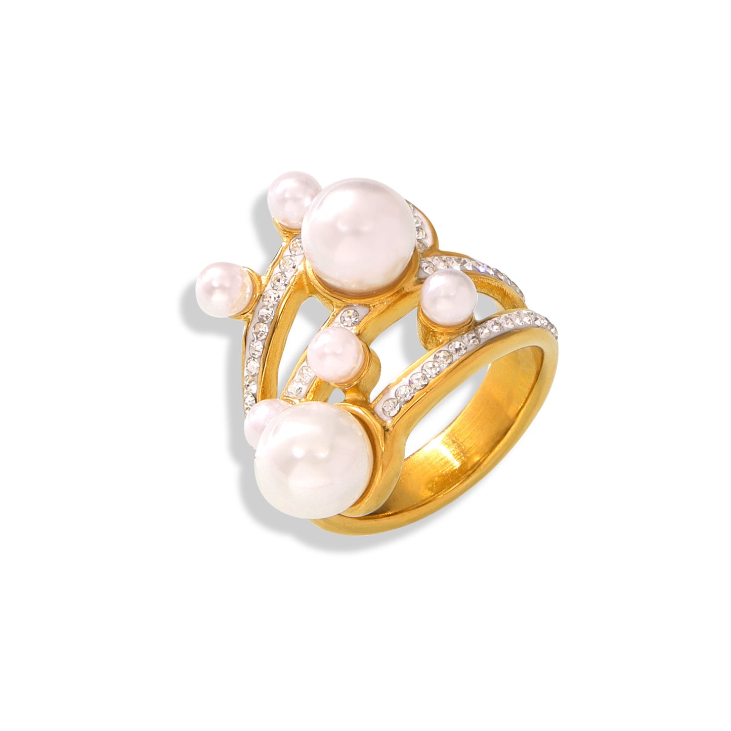 Adiffu Elegant 18K Gold Ring With Diamond And Imitation Pearl