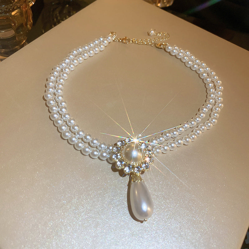 Adiffu Water Drop Artificial Pearl Double Layer Necklace With Diomand For Bride