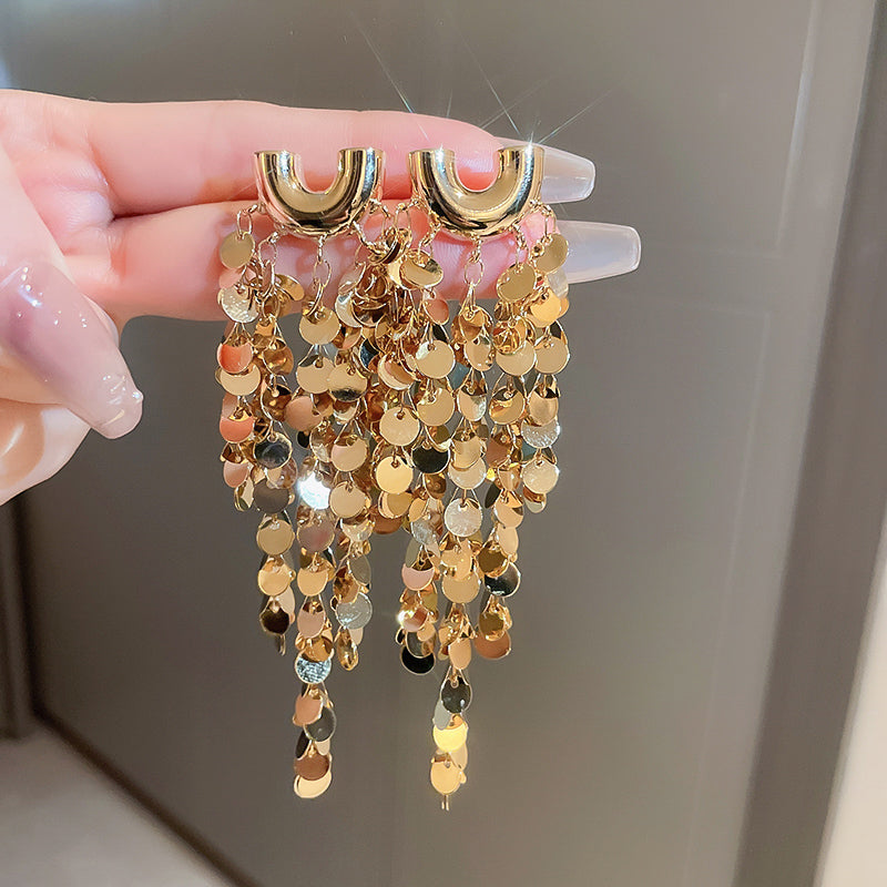 Personalized U-shaped Sequined Tassel Earrings