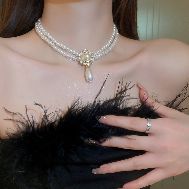 Adiffu Water Drop Artificial Pearl Double Layer Necklace With Diomand For Bride