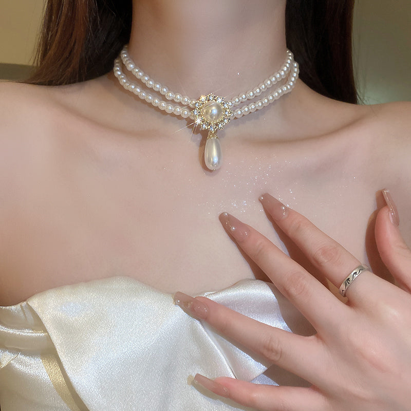 Adiffu Water Drop Artificial Pearl Double Layer Necklace With Diomand For Bride