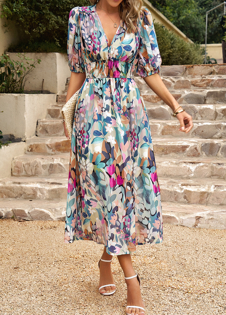 Adiffu Beautiful V-neck Printed Dress