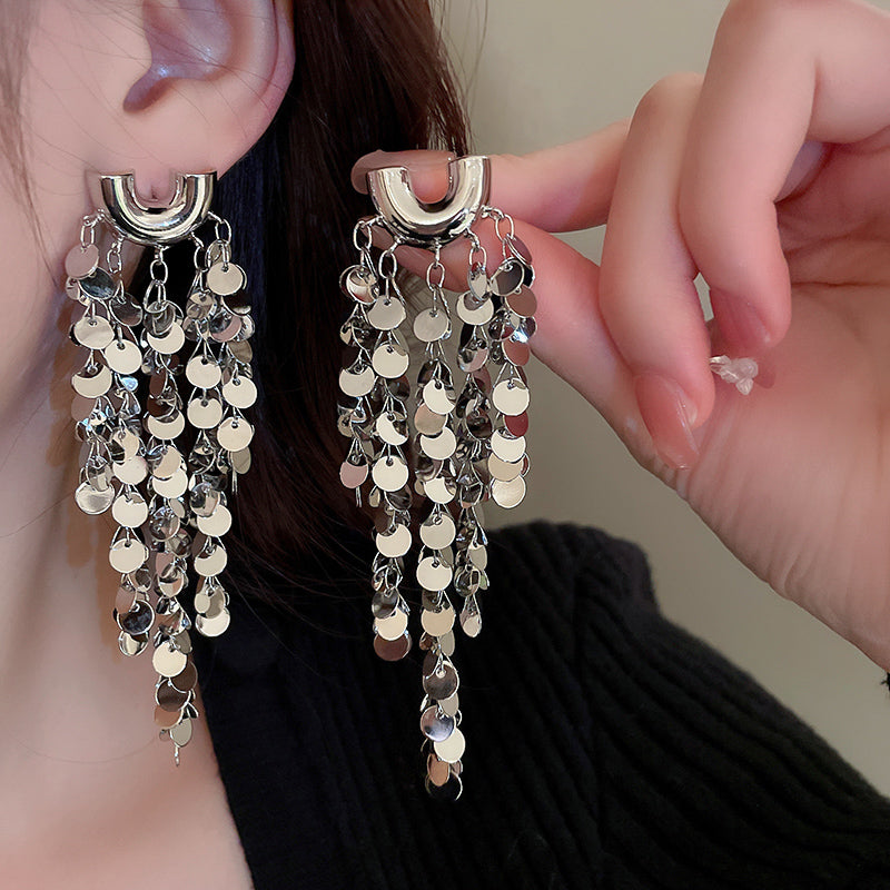 Personalized U-shaped Sequined Tassel Earrings