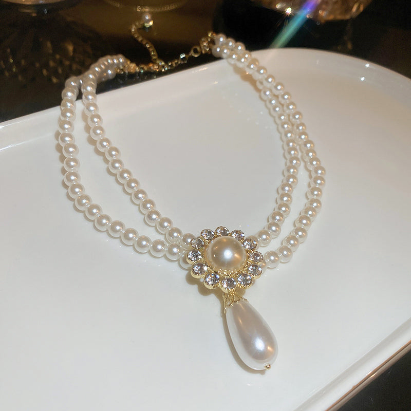Adiffu Water Drop Artificial Pearl Double Layer Necklace With Diomand For Bride