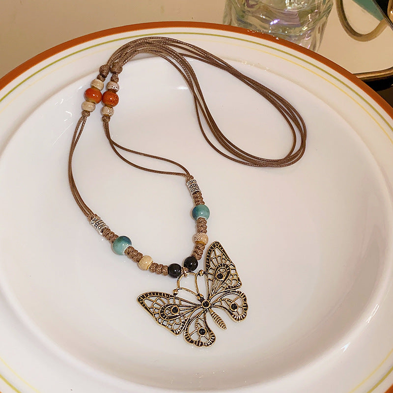 Adiffu Woven Rope Butterfly Pendant Necklace