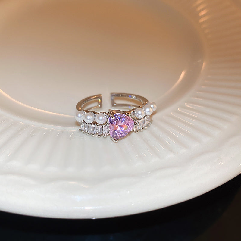 Adiffu Flash Diamond Heart Artificial Pearl Open Ring