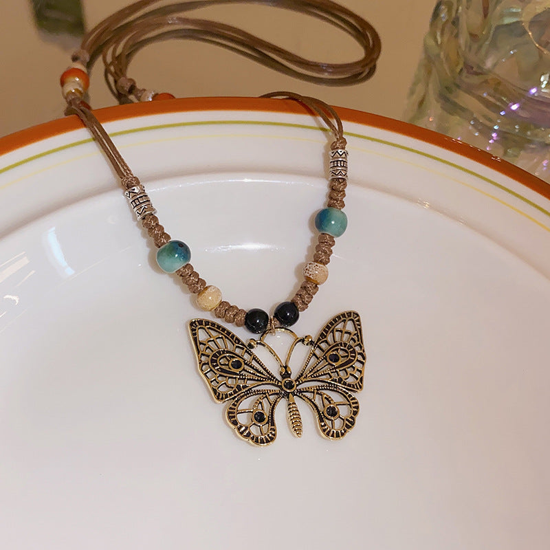 Adiffu Woven Rope Butterfly Pendant Necklace