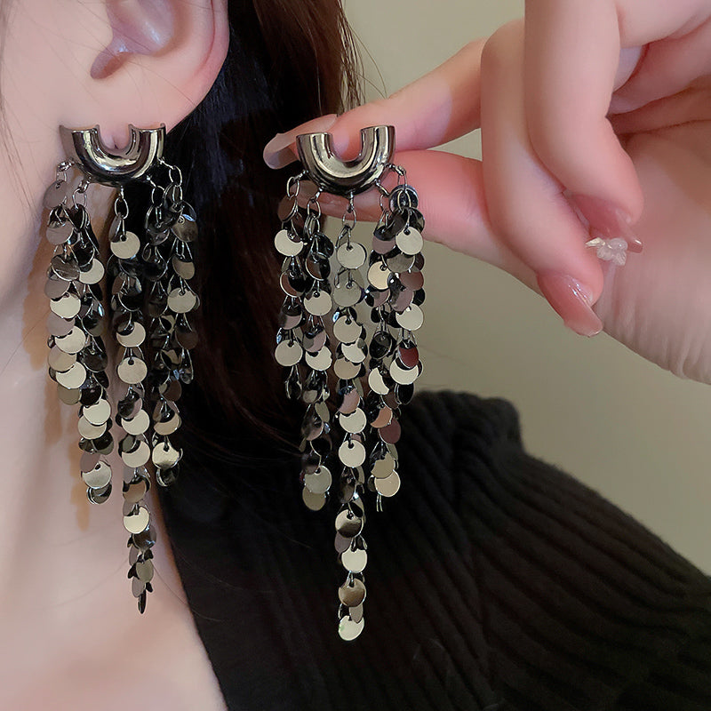 Personalized U-shaped Sequined Tassel Earrings