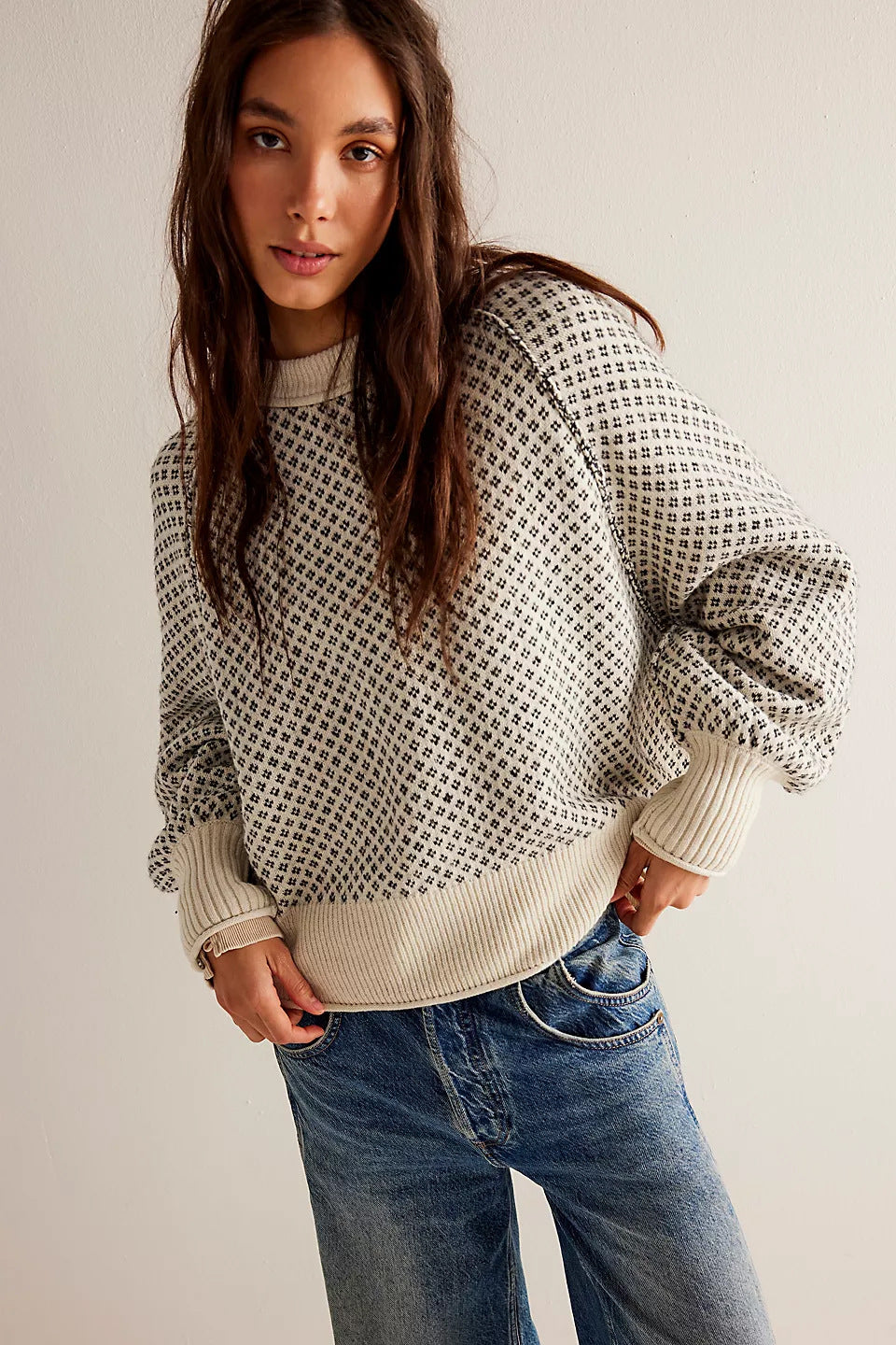 Adiffu Pullover Jacquard Long-sleeved Crew-neck Sweater For Women