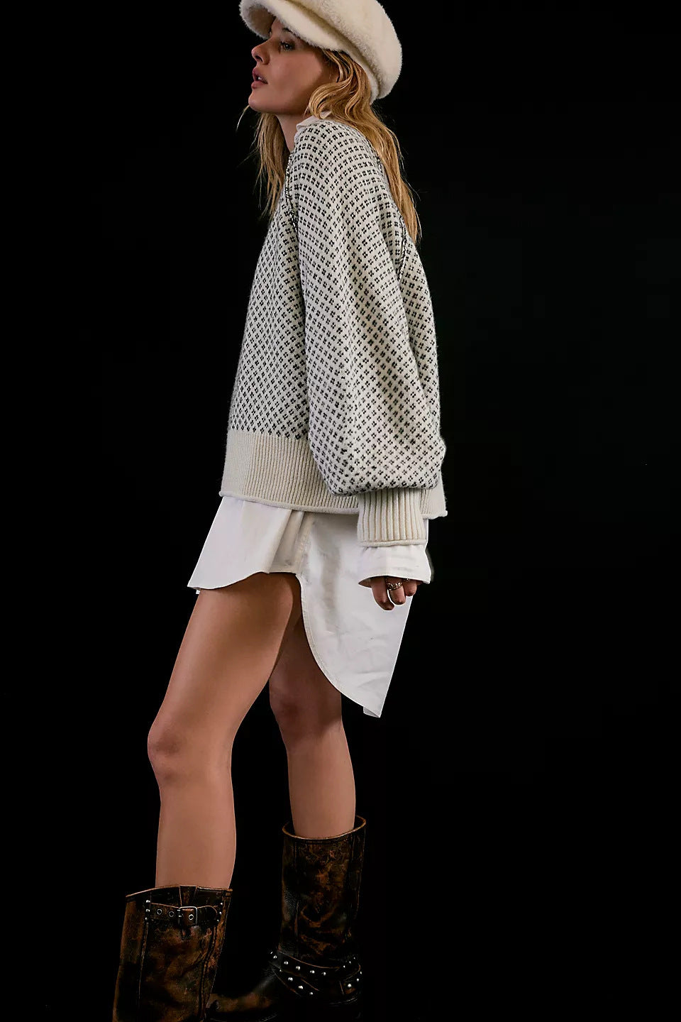 Adiffu Pullover Jacquard Long-sleeved Crew-neck Sweater For Women