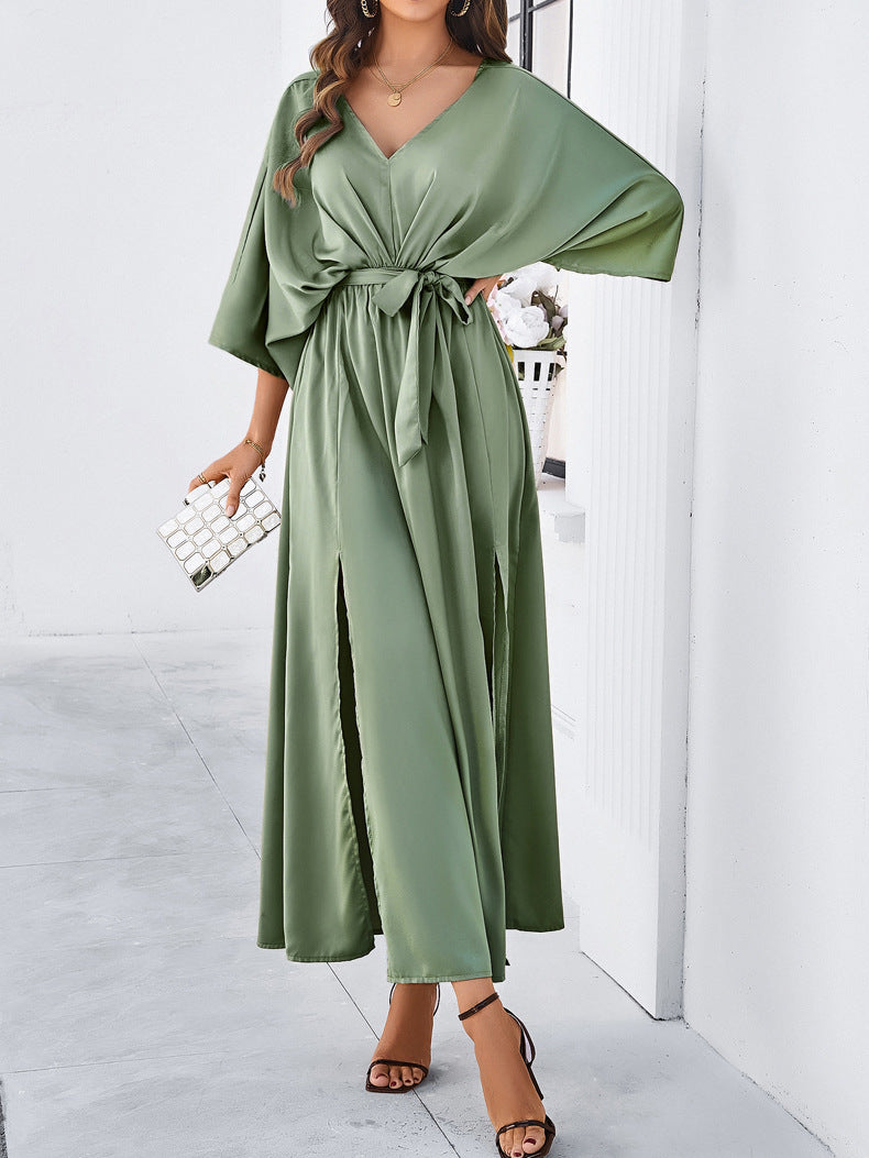 Adiffu Elegant V-Neck Loose Dress-Green