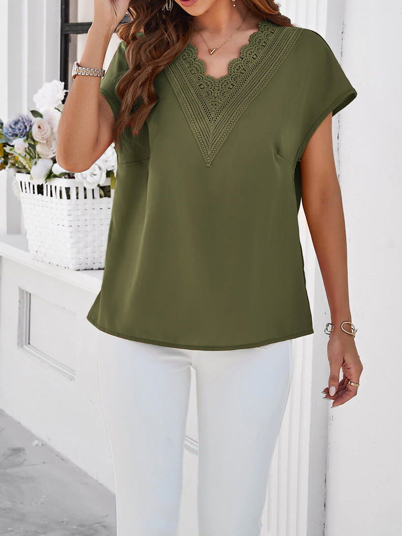 Adiffu Casual Solid Color V-neck Short-sleeved Shirt
