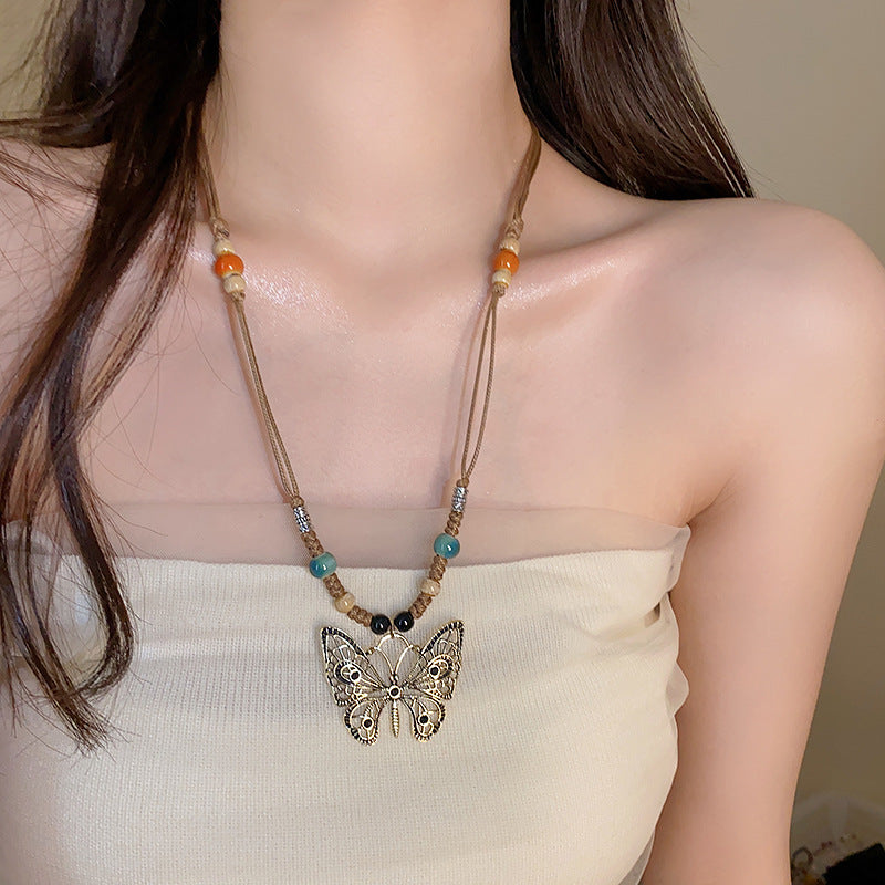 Adiffu Woven Rope Butterfly Pendant Necklace