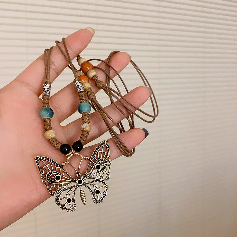 Adiffu Woven Rope Butterfly Pendant Necklace