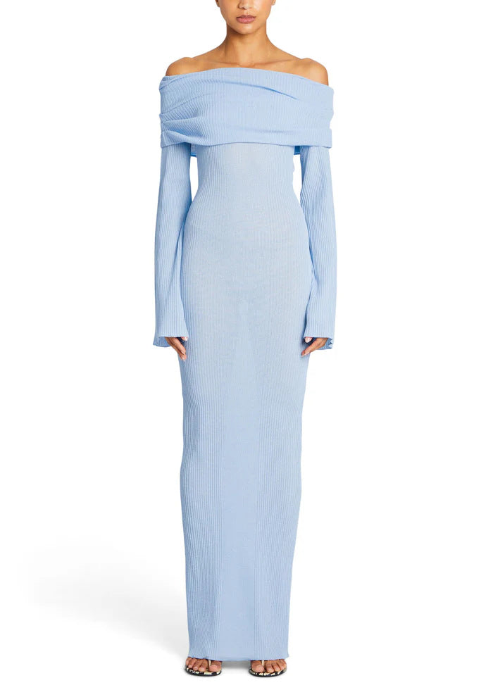 Adiffu Sexy Solid Color Long-sleeved One-shoulder Pleated Knit Dress