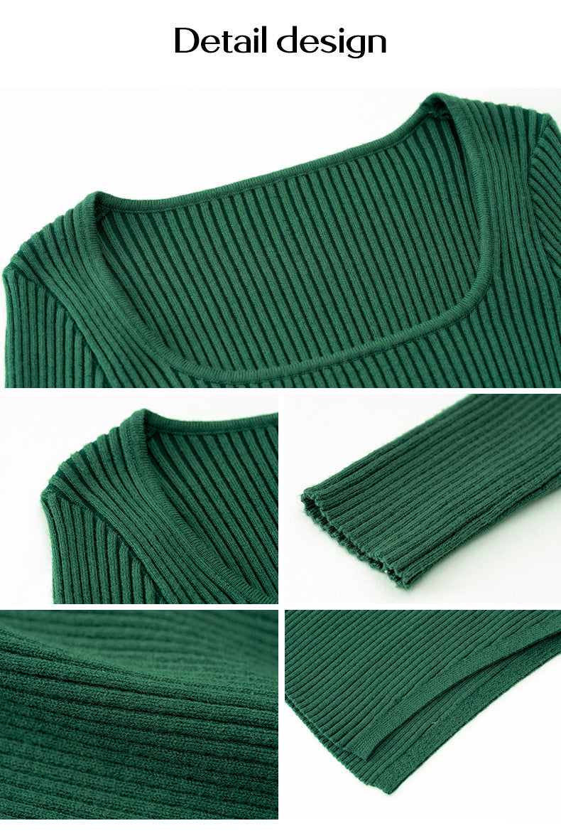 Adiffu Knitted Sweater Dress With Square Collar-Green