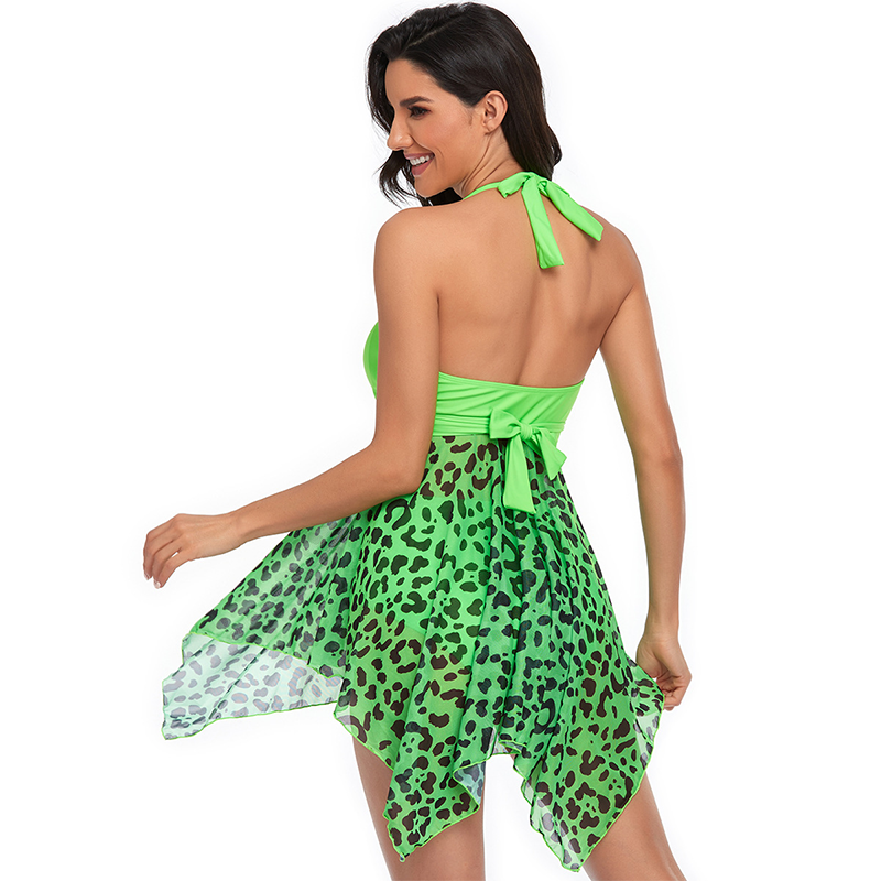 Adiffu Plus-size Green Cross Lace-up Mesh Skirt Split Bikini