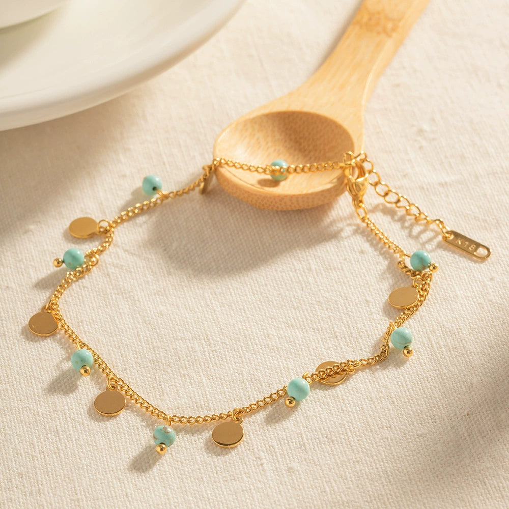 French Vintage Turquoise Shell Tassel Layered Anklet
