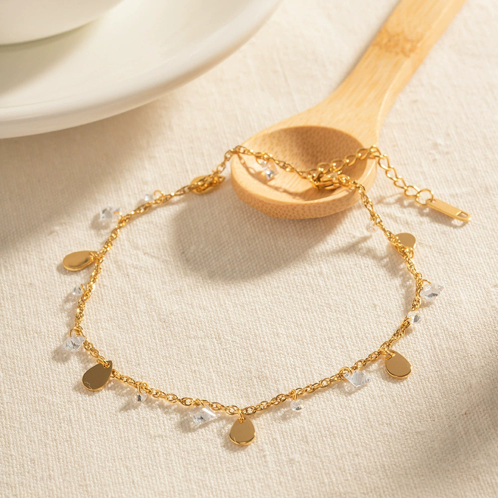 Waterdrop Crystal Charm Anklet for Women-Waterproof Gold Stainless Steel