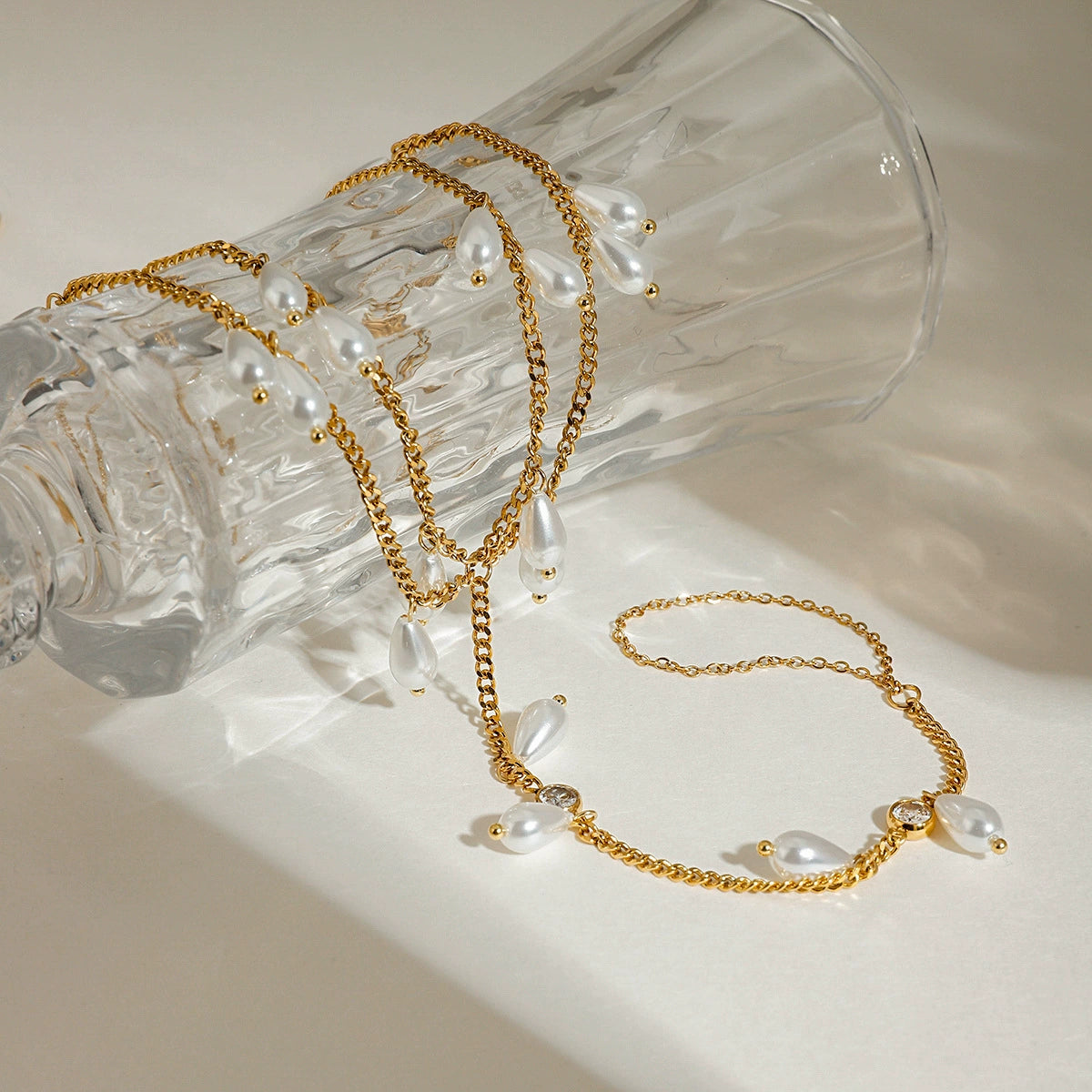 Minimalist Layered Pearl & Zircon Anklet Chain-Gold Stainless Steel