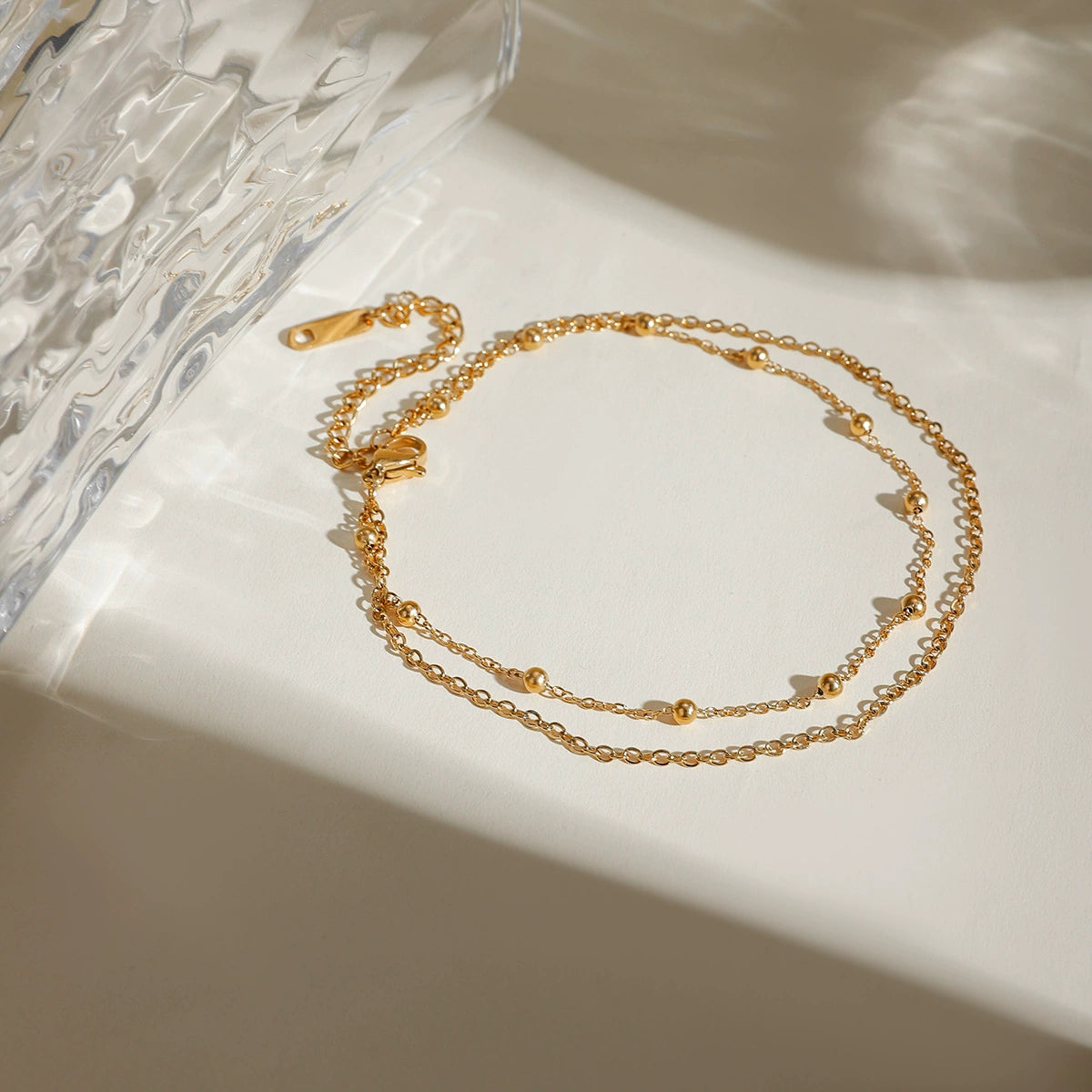 Double Layer Beaded Anklet for Women-18K Gold Stainless Steel