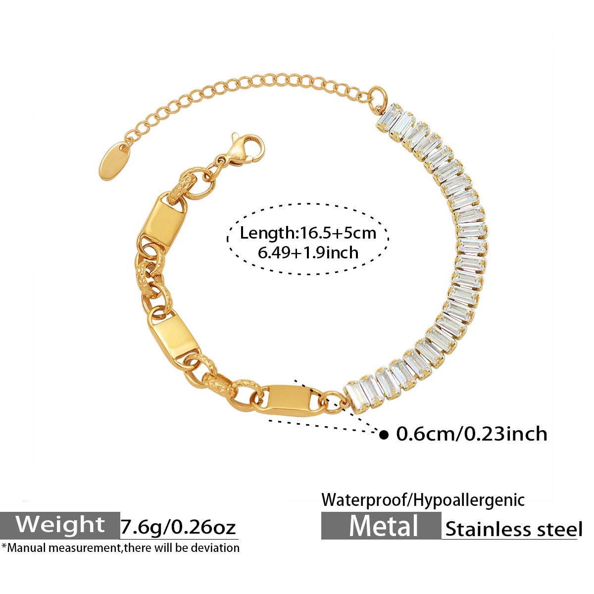Elegant Zircon Beaded Chain Bracelet-Gold Stainless Steel