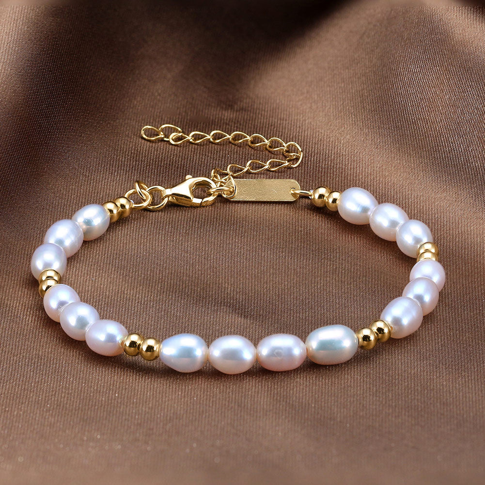 LumiPearl™ S925 Sterling Silver Gold Bead Freshwater Pearl Adjustable Bracelet