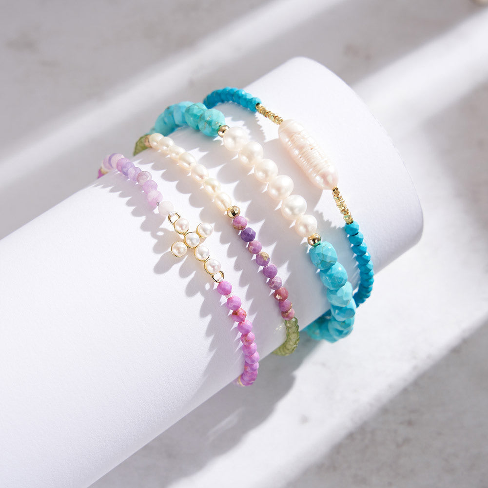 Handmade Freshwater Pearl & Natural Turquoise Beaded S925 Sterling Silver Bracelet