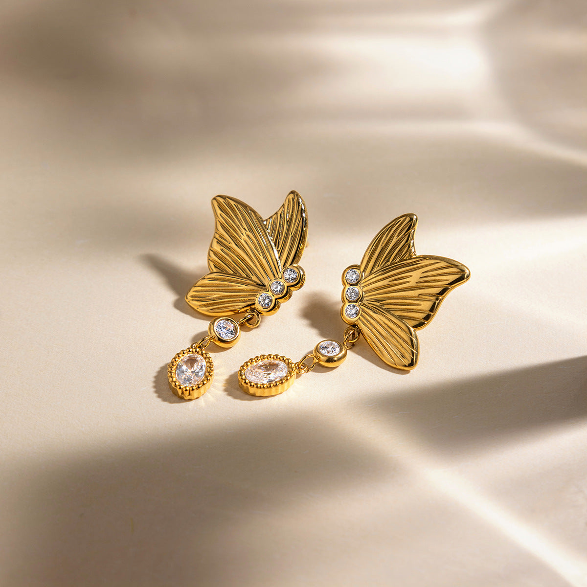 Designer 18K Gold Stainless Steel Zircon Butterfly Earrings