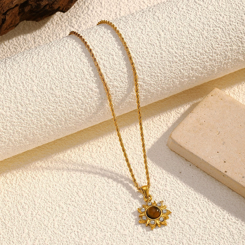 Bohemian Sunflower Tiger Eye Necklace - Elegant Gold Statement Collar Chain