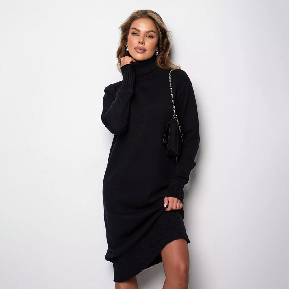 Adiffu Loose Plain-colored Versatile High-neck Knitted Sweater Dress