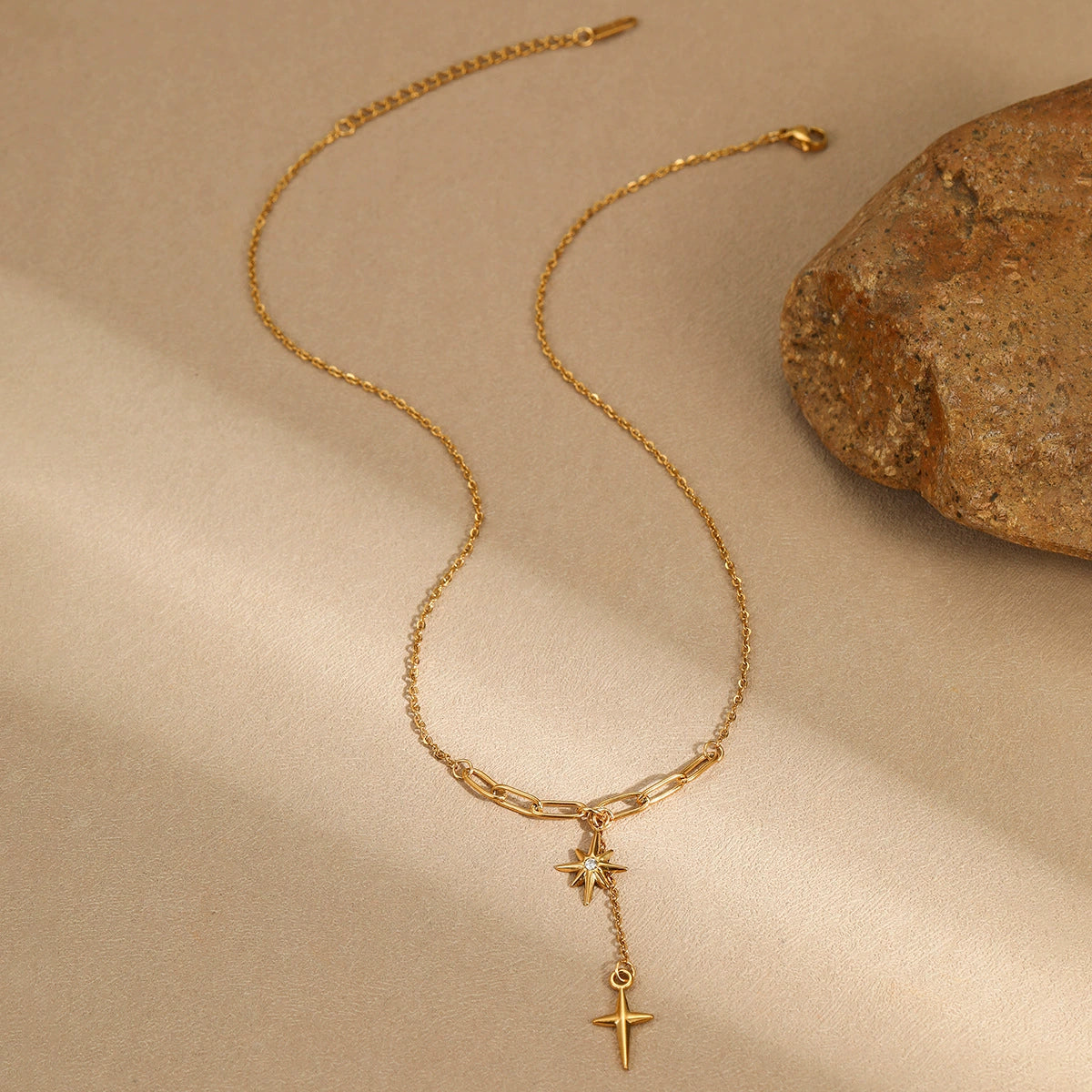 Adiffu Minimalist Diamond-studded Octagonal Star Fringed Cross Pendant Necklace