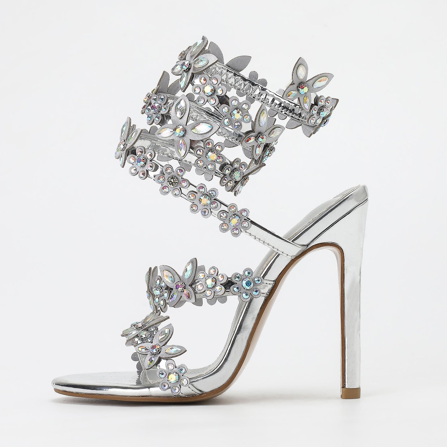 Adiffu Floral Fancy Rhinestone High-heeled Sandals