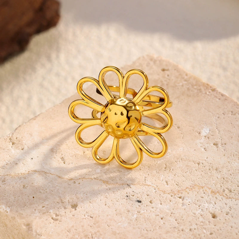 Luxe Gold Floral Open Ring-Stainless Steel Statement Jewelry for Women