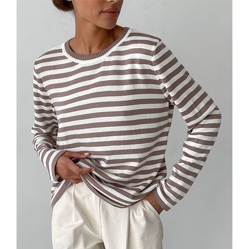 Adiffu Classic Vintage Round Neck Knitted Striped Pullover Sweater For Women