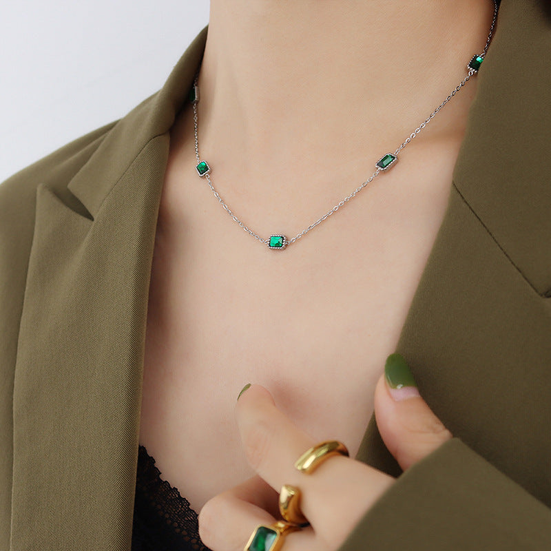 Adiffu Natural Square Emerald Zircon Collarbone Necklace