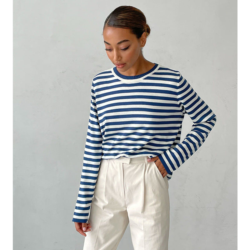 Adiffu Classic Vintage Round Neck Knitted Striped Pullover Sweater For Women