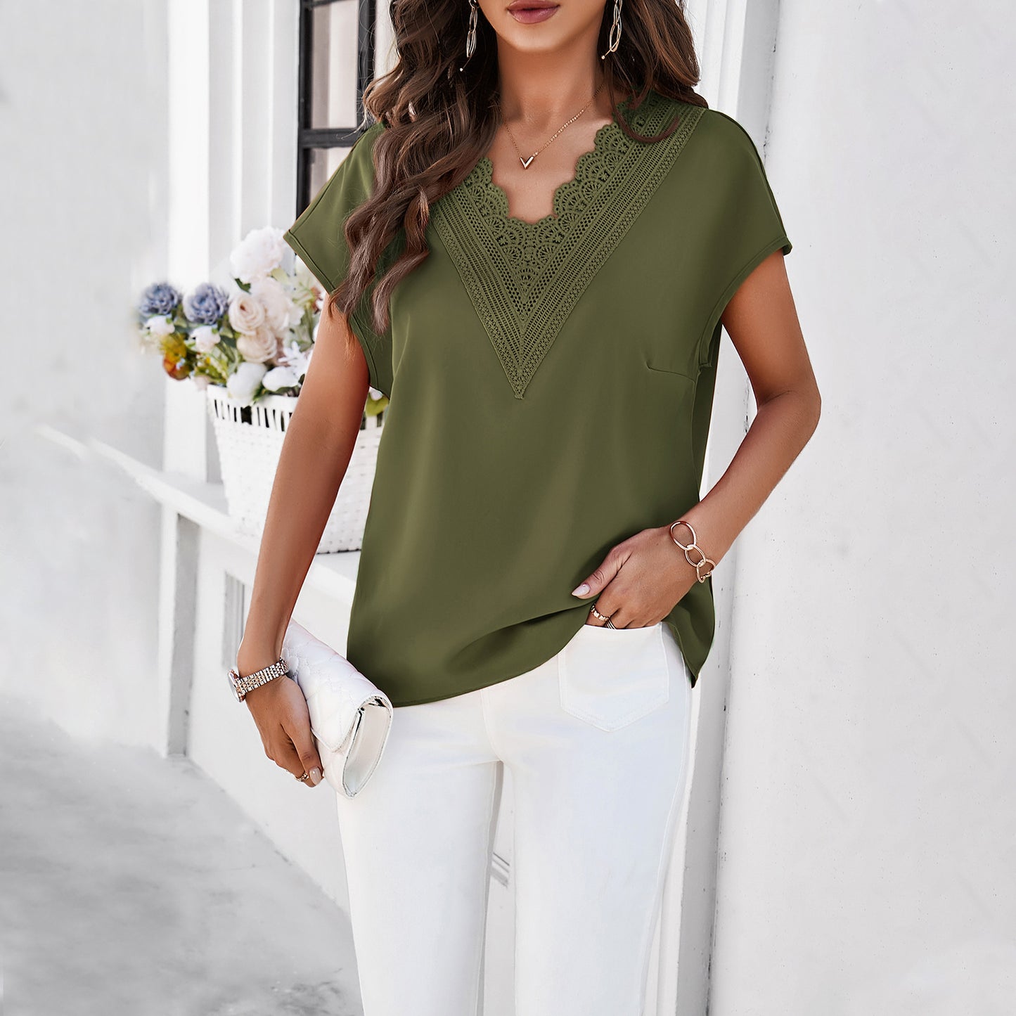 Adiffu Casual Solid Color V-neck Short-sleeved Shirt