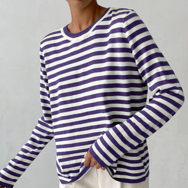 Adiffu Classic Vintage Round Neck Knitted Striped Pullover Sweater For Women